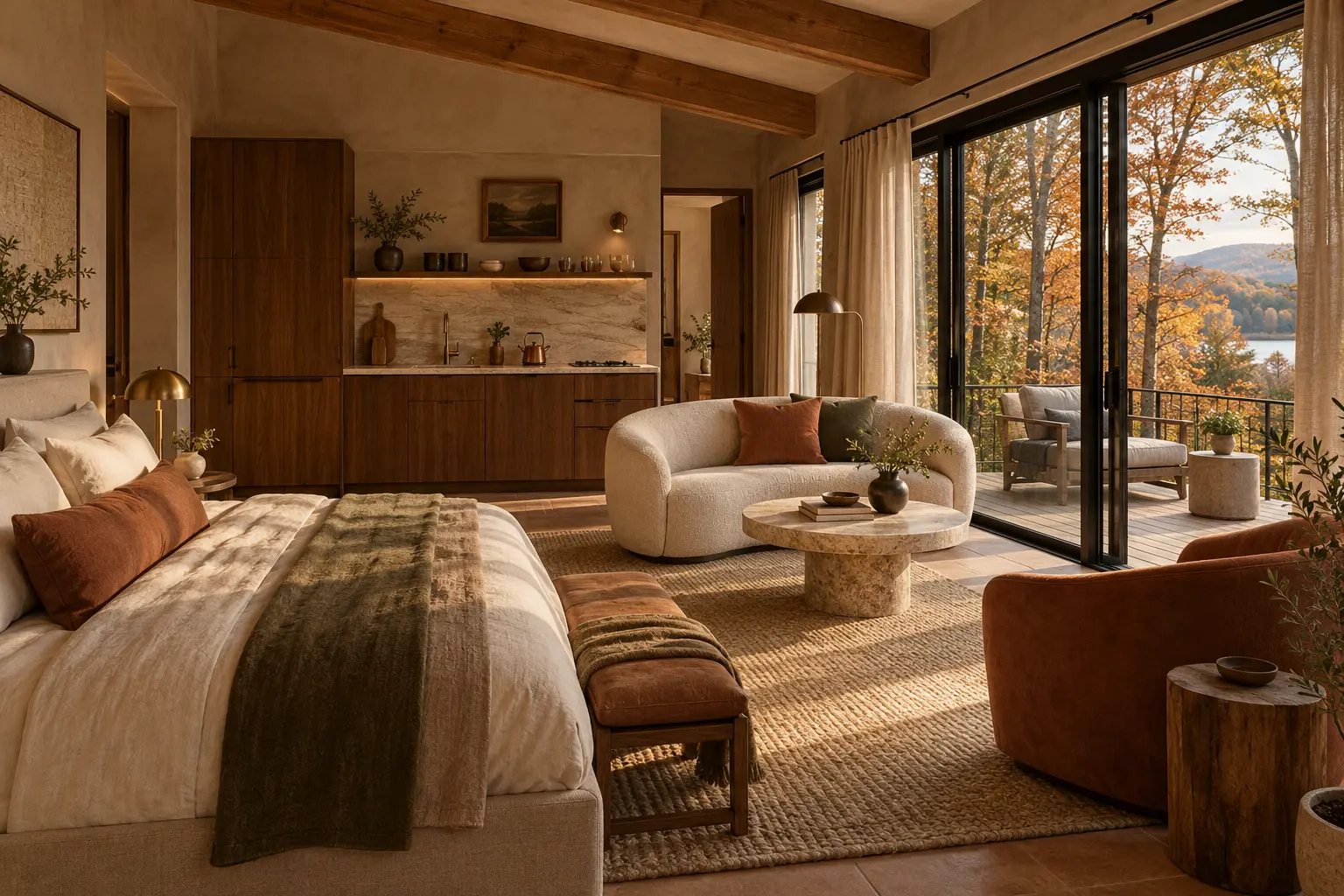 Proposed woodland cabin interior with a bed, compact kitchenette and glass doors opening to a terrace