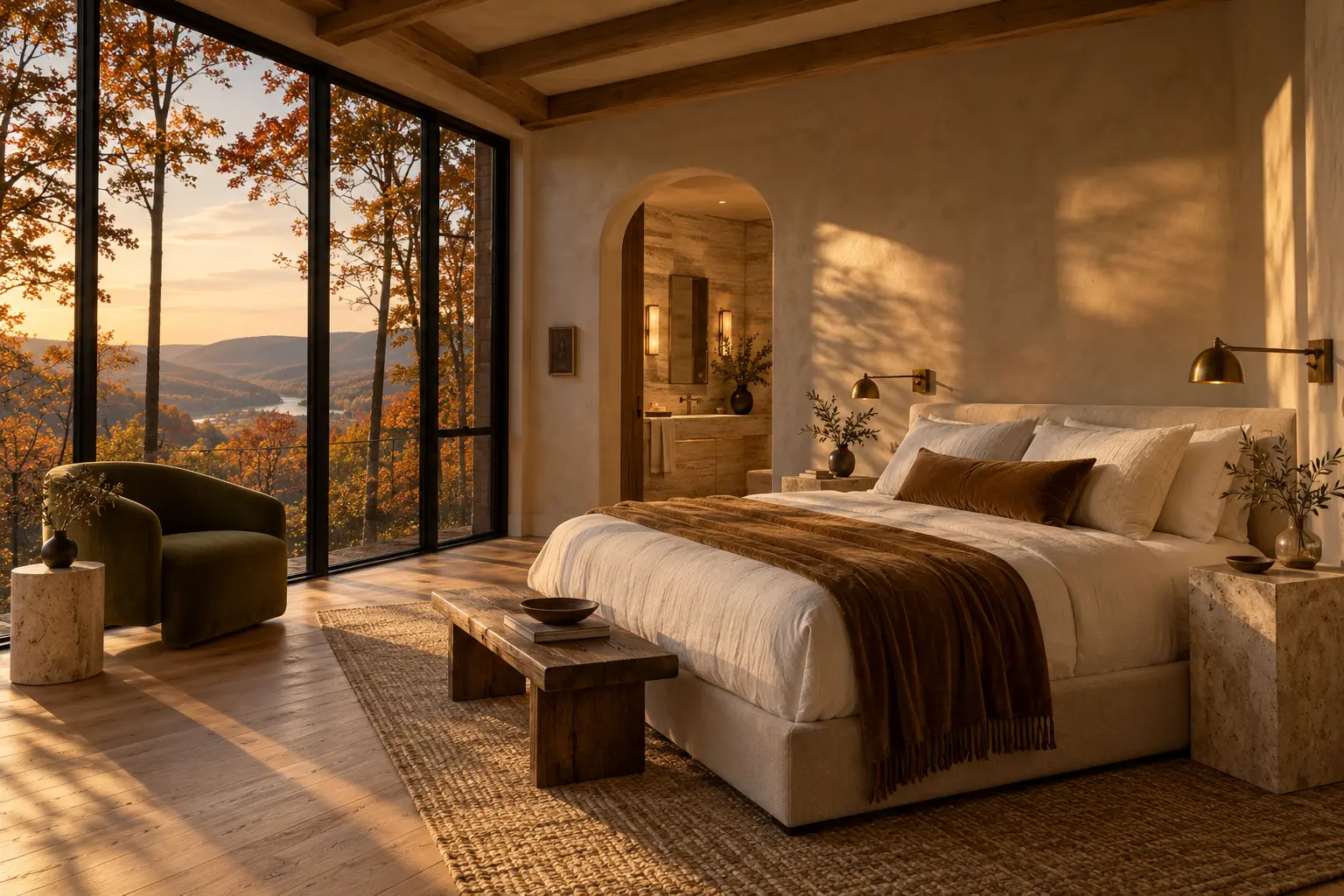 Proposed Italian-inspired guest suite with a linen bed, oak beams, travertine and woodland views